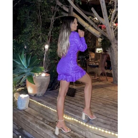 Zara Purple Wrap Front Mini Dress Long Sleeve Floral Embossed Print V-Neck Small - Picture 9 of 13